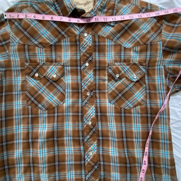 Wrangler Western Men’s Sz Large Plaid Pearl Snap Button Up Shirt Brown Blue - Picture 3 of 7